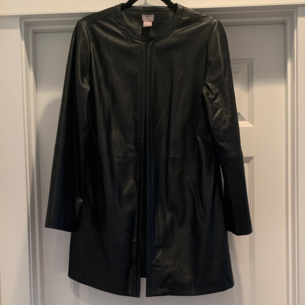 Chicos black faux leather 3/4 coat size 1 (8-10). Open front.